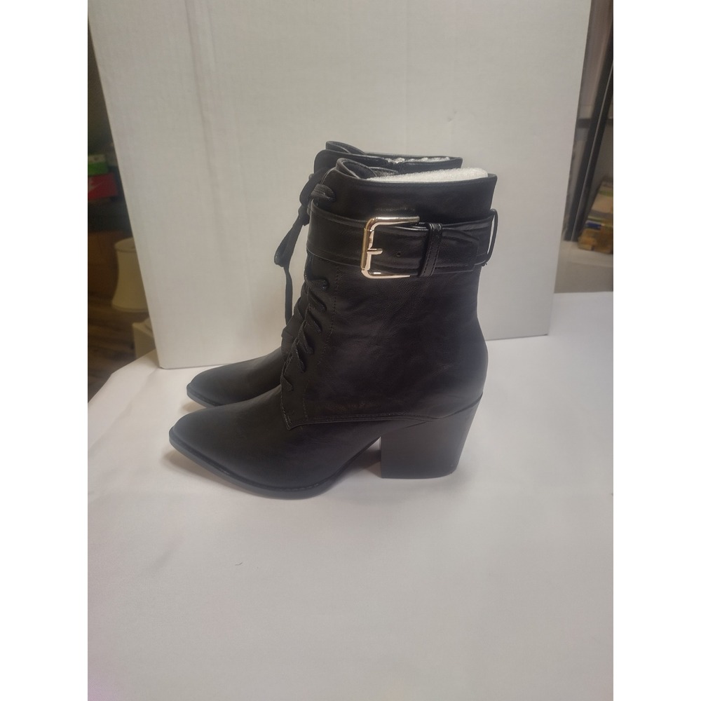 Black Faux Leather Lace Up Ankle Boots Pointed Toe Block Heel Buckle Detail